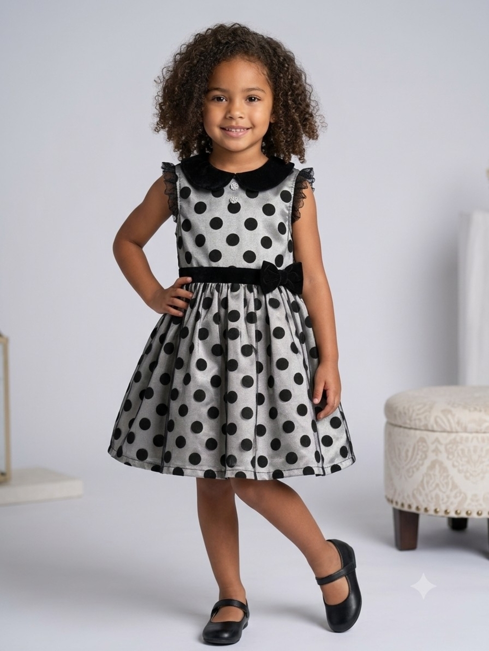 Girls' Silver Polka Dot Velvet-Trim Party Dress, S-4T, EPreLC